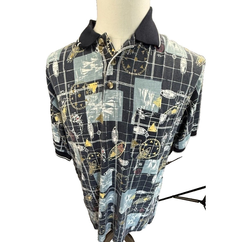 Michael Austin Nautical Maps All Over Print‎ Golf Vintage Polo Mens Large